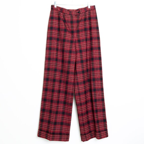 Peter Nygard Wide Leg Plaid Pants Red Black Wool Blend Tartan Canada Size 12 - Picture 2 of 13